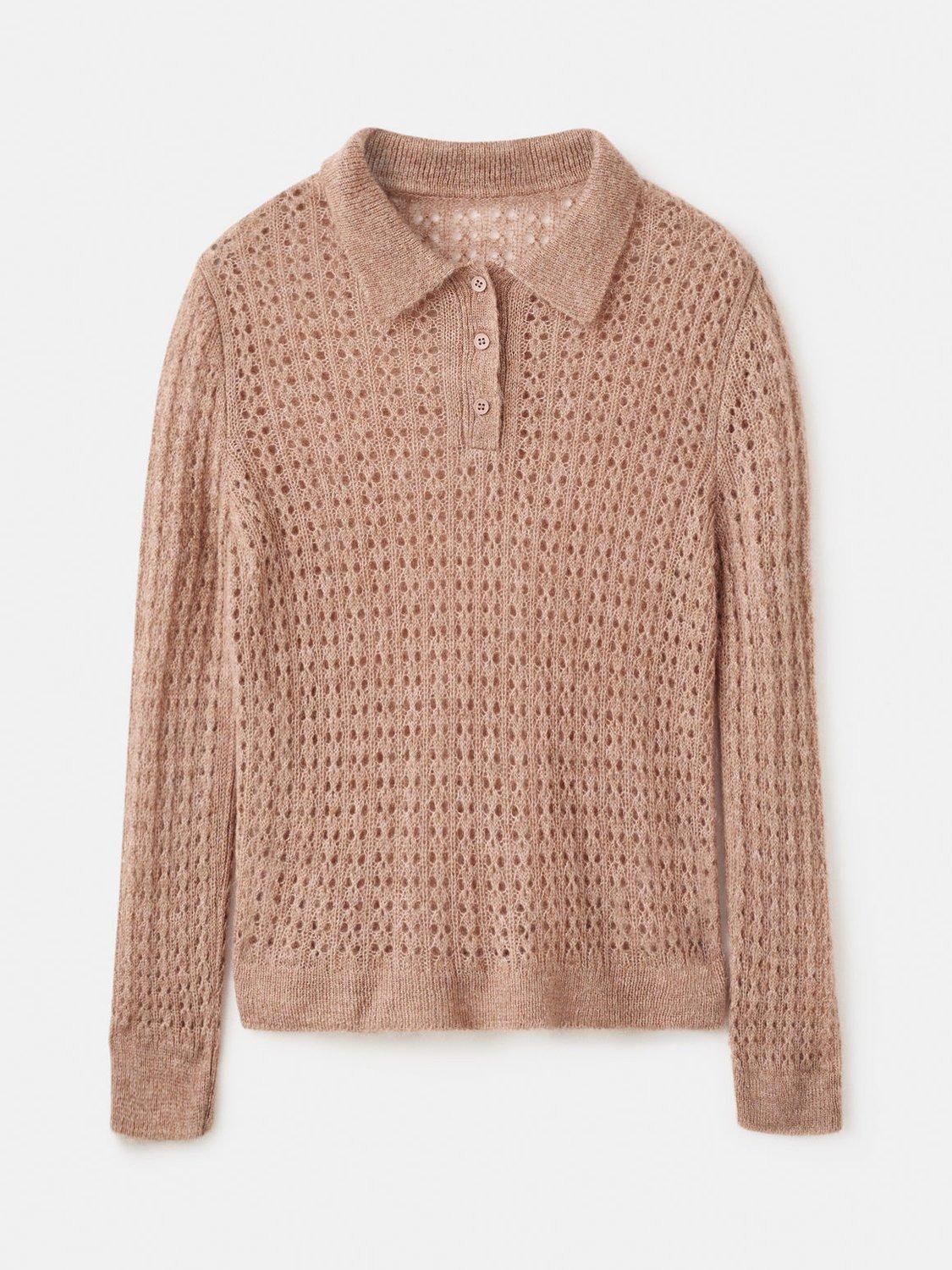 Product image 3 of 8, which shows Mango Nuez Open Knit Polo Knit Top, Medium Brown, XS