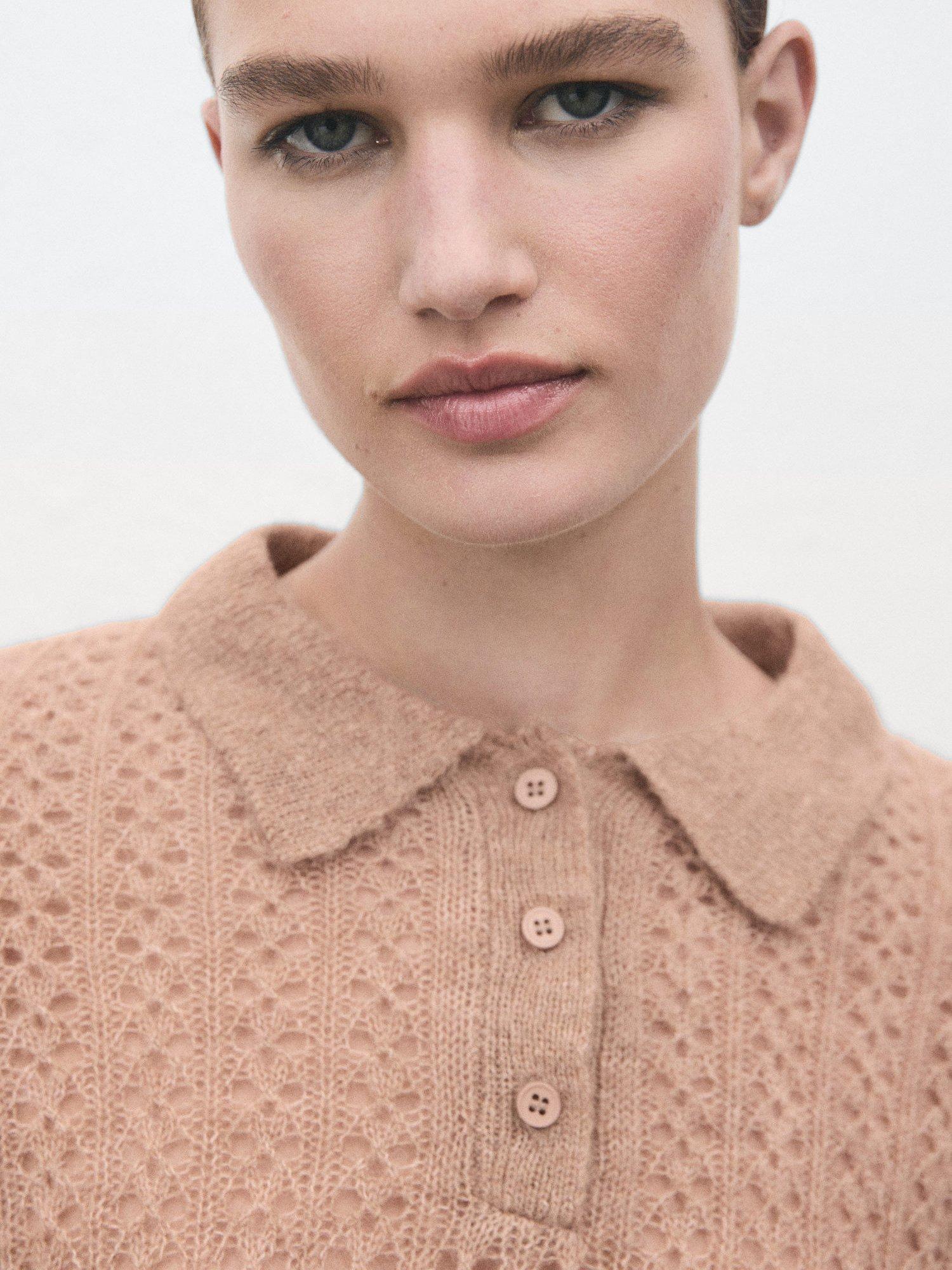 Product image 6 of 8, which shows Mango Nuez Open Knit Polo Knit Top, Medium Brown, XS