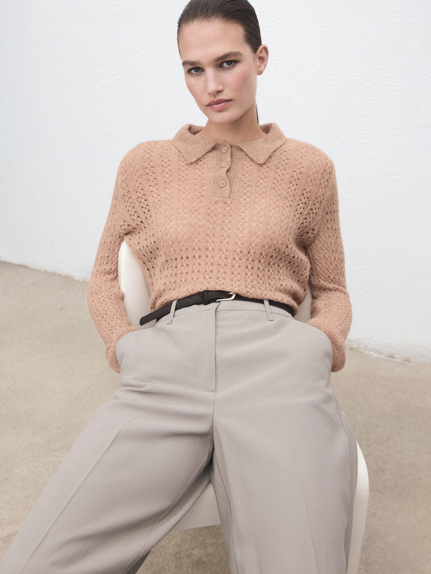 Product image 7 of 8, which shows Mango Nuez Open Knit Polo Knit Top, Medium Brown, XS