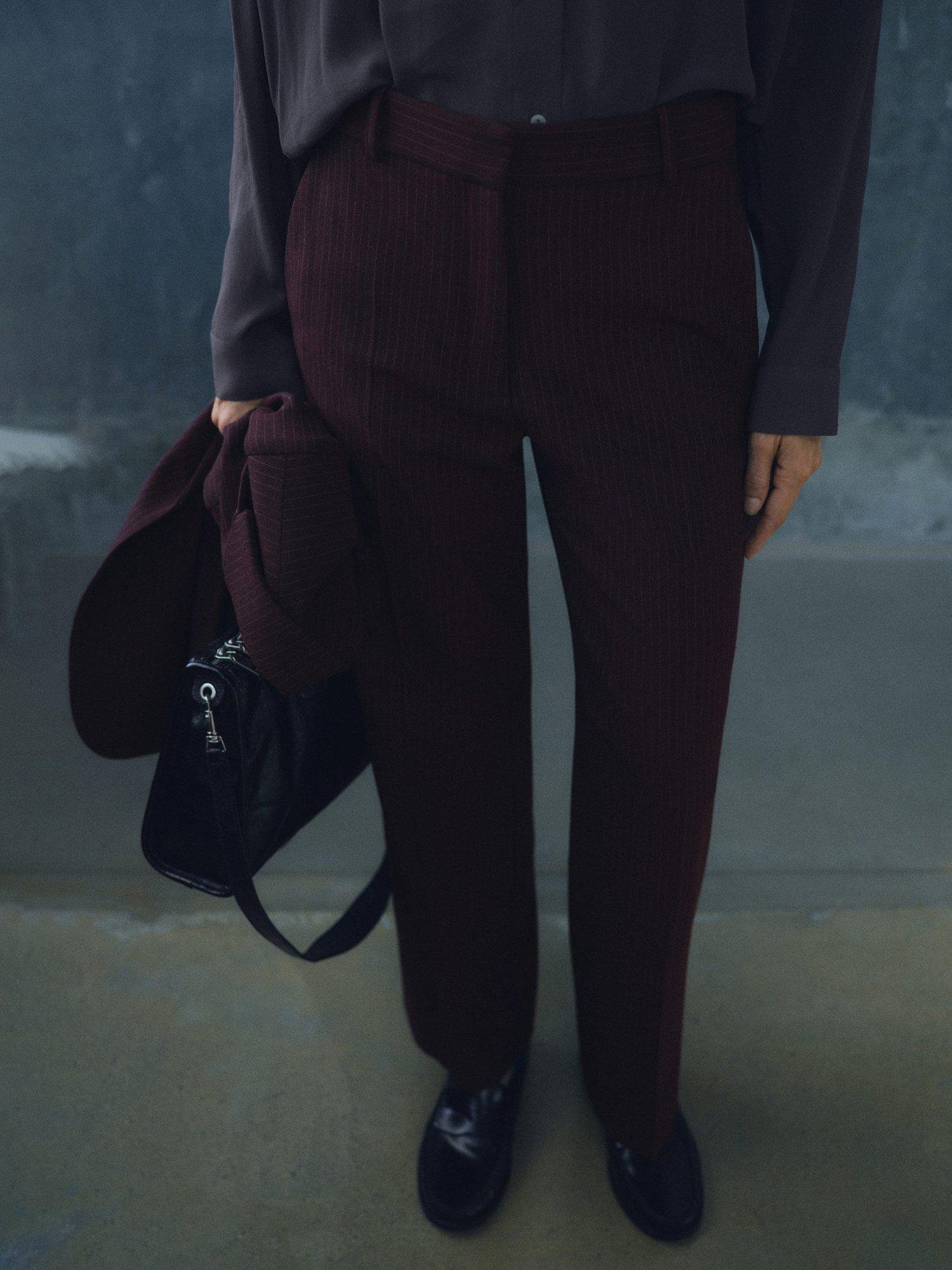 Product image 1 of 8, which shows Mango Bergen Stripe Tailored Trousers, Dark Red, 10
