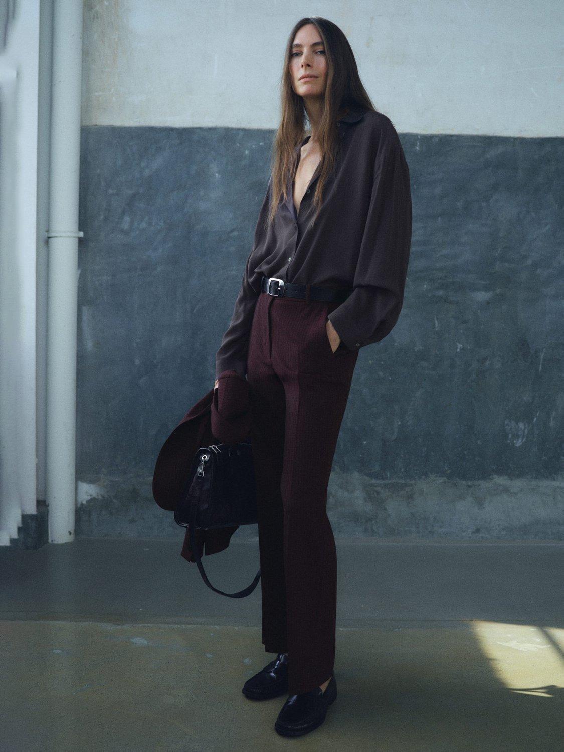 Product image 6 of 8, which shows Mango Bergen Stripe Tailored Trousers, Dark Red, 10