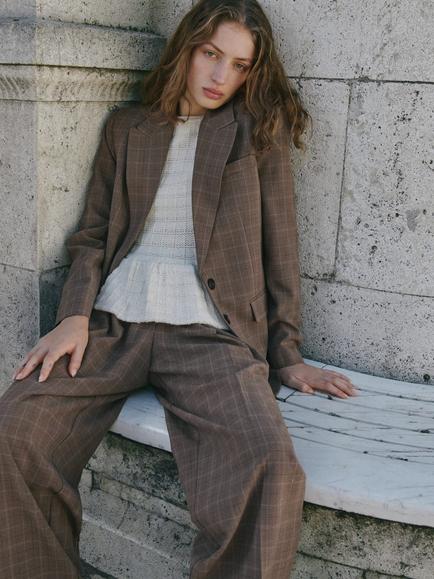 Mango Katy Wide Leg Check Trousers, Medium Brown, Medium Brown