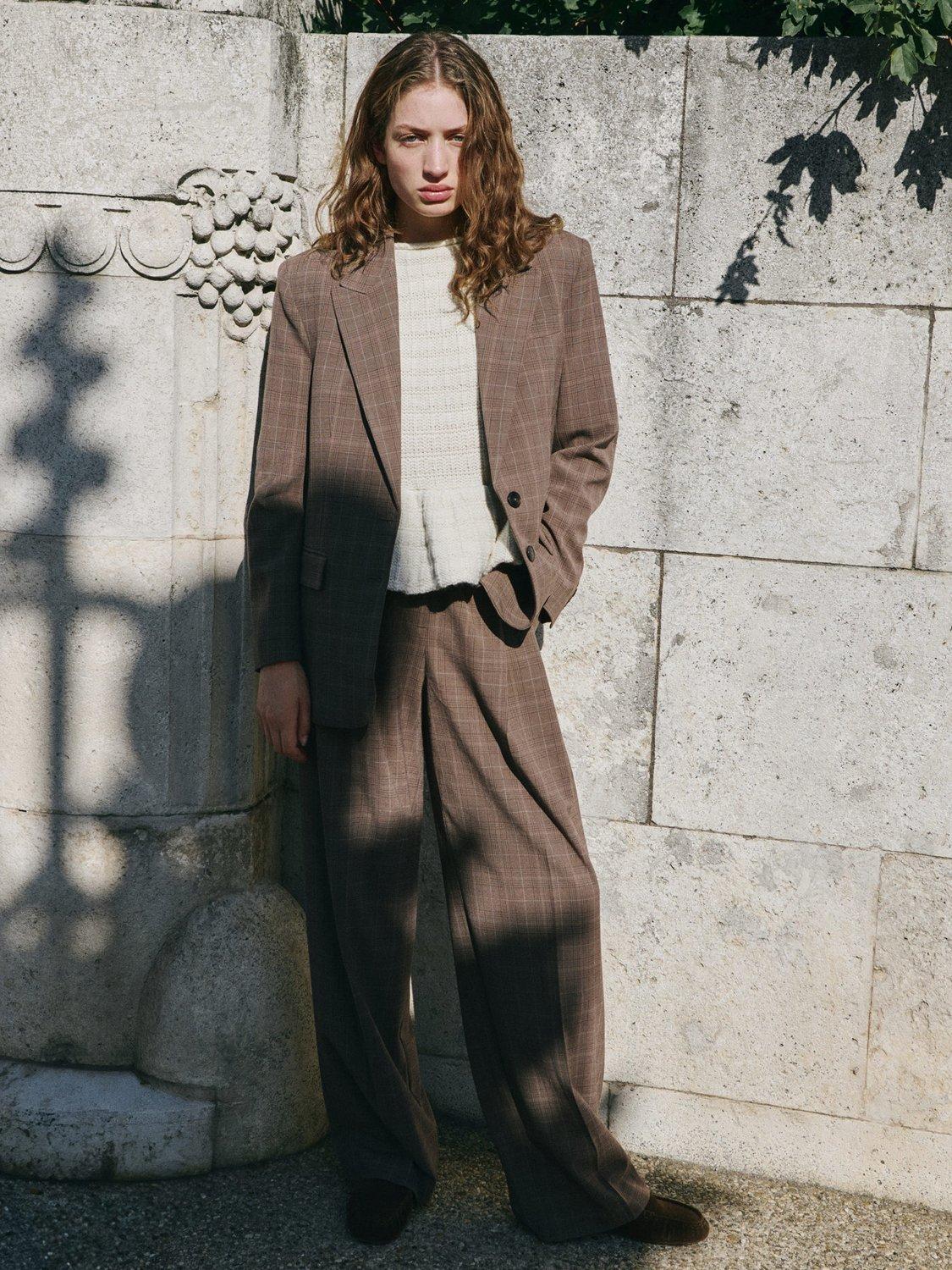 Product image 2 of 6, which shows Mango Katy Wide Leg Check Trousers, Medium Brown, 8