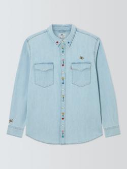 Levi's Cotton Regular Fit Embroidered Floral Western Shirt, Blue Spring, Blue Spring