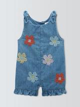 John Lewis Baby Cross Stitch Denim Romper, Blue