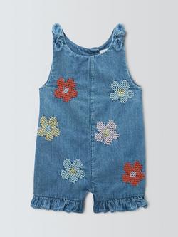 John Lewis Baby Cross Stitch Denim Romper, Blue, Blue