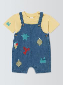 John Lewis Baby Cross Stitch Denim Dungaree and T-Shirt Set, Blue, Blue