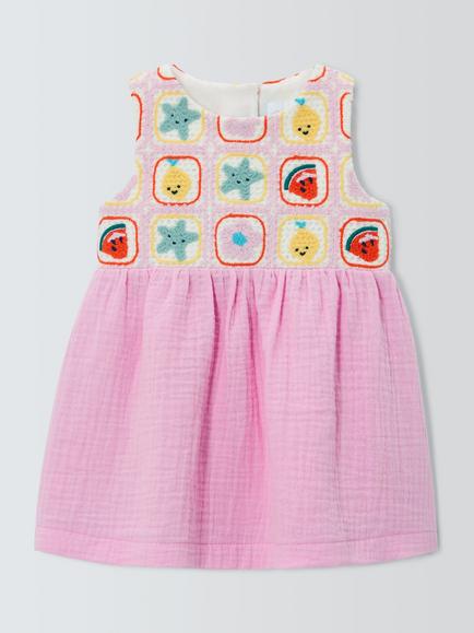 John Lewis Baby Crochet Panel Dress, Pink, Pink
