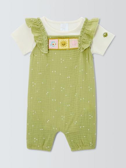 John Lewis Baby Crochet Bibshorts & T-Shirt Set, Green, Green