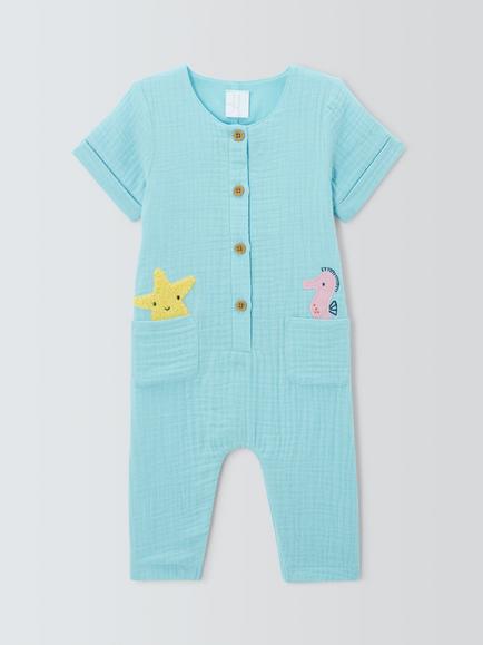 John Lewis Baby Character Muslin Romper, Blue, Blue