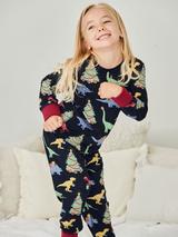 Chelsea Peers Kids' Long Sleeved Christmas Dinosaur Pyjamas, Navy