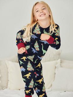 Chelsea Peers Kids' Long Sleeved Christmas Dinosaur Pyjamas, Navy, Navy