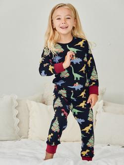 Chelsea Peers Kids' Long Sleeved Christmas Dinosaur Pyjamas, Navy - view 2, Navy