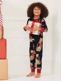 Chelsea Peers Kids' Long Sleeved Christmas Leopard Pyjamas, Navy, Navy