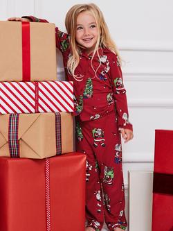 Chelsea Peers Kids' Long Sleeved Christmas Santa Snow Pyjamas, Red, Red