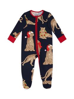 Chelsea Peers Baby Christmas Leopard Print Sleepsuit, Navy, Navy