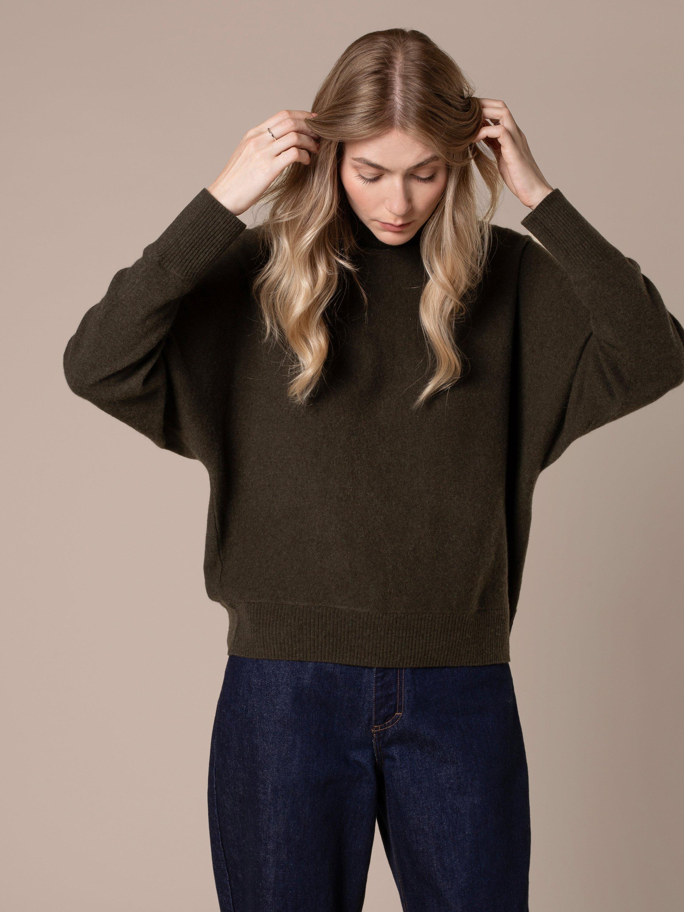 Product image 4 of 8, which shows Celtic & Co. Roll Neck Drop Sleeve Pure Wool Jumper, Olive, XS