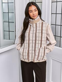 Chelsea Peers Borg Fleece Plaid Reversible Gilet, Off White/Brown, Off White/Brown