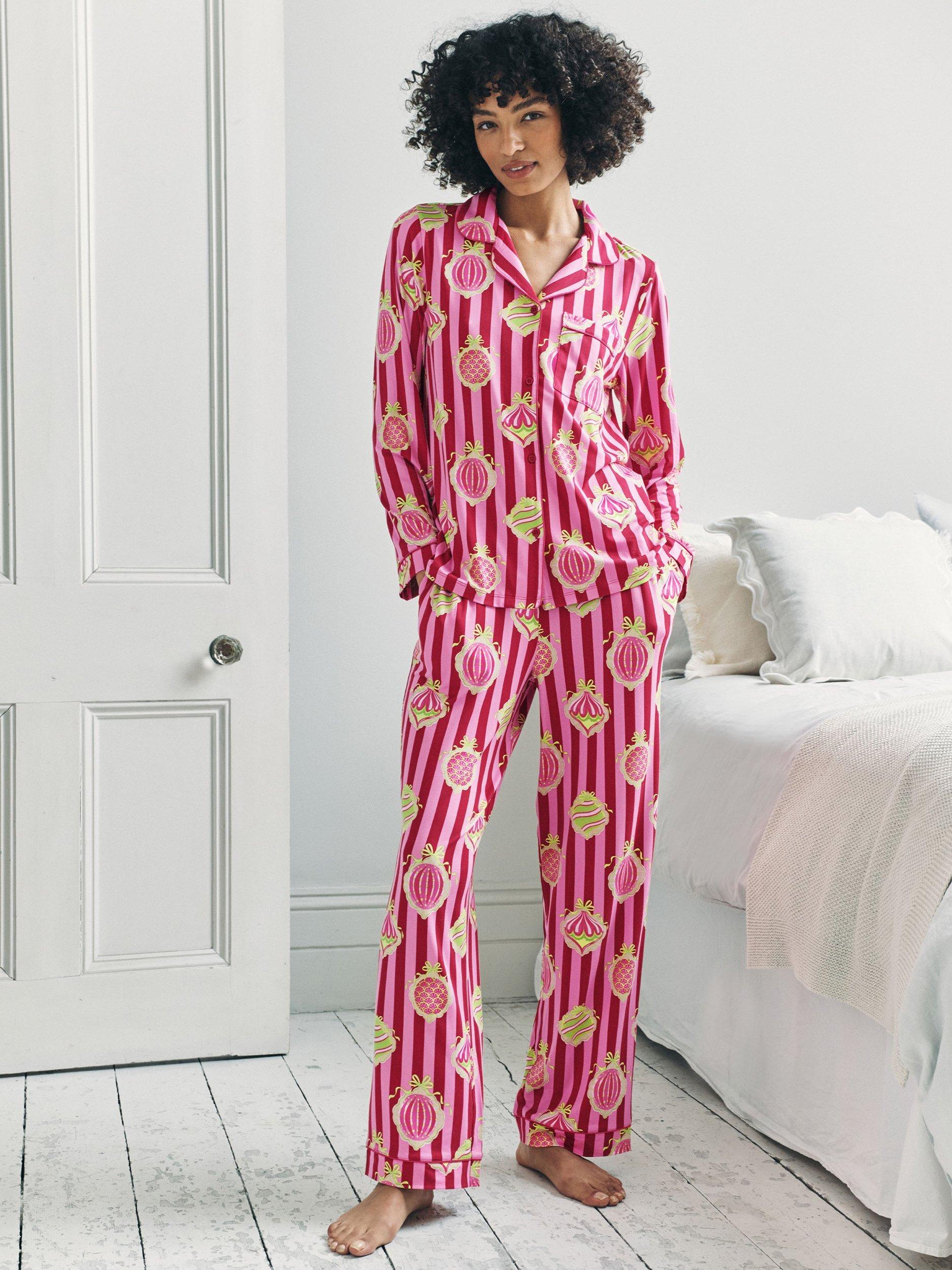 Product image 1 of 8, which shows Chelsea Peers Christmas Baubles Button Through Long Pyjama Set, Red, 10