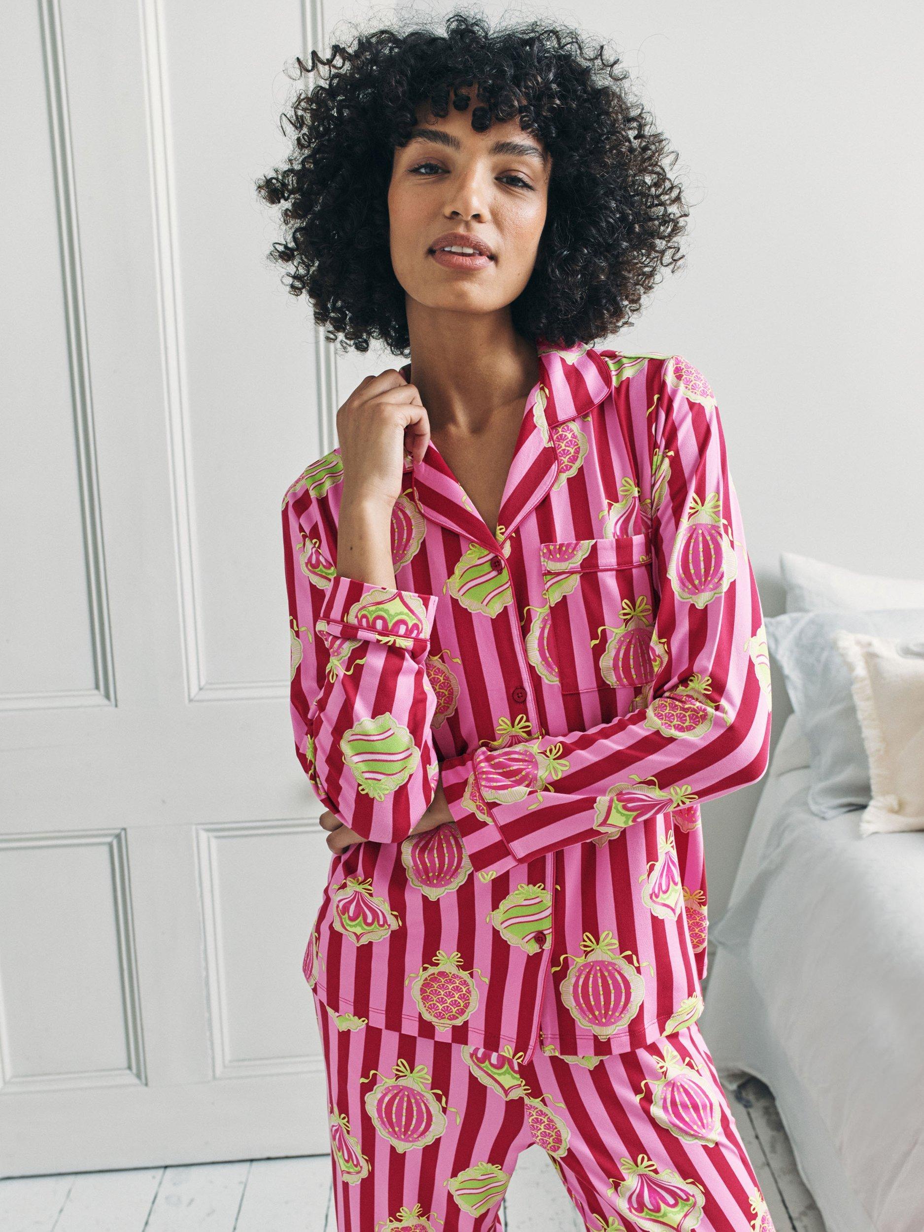 Product image 2 of 8, which shows Chelsea Peers Christmas Baubles Button Through Long Pyjama Set, Red, 10