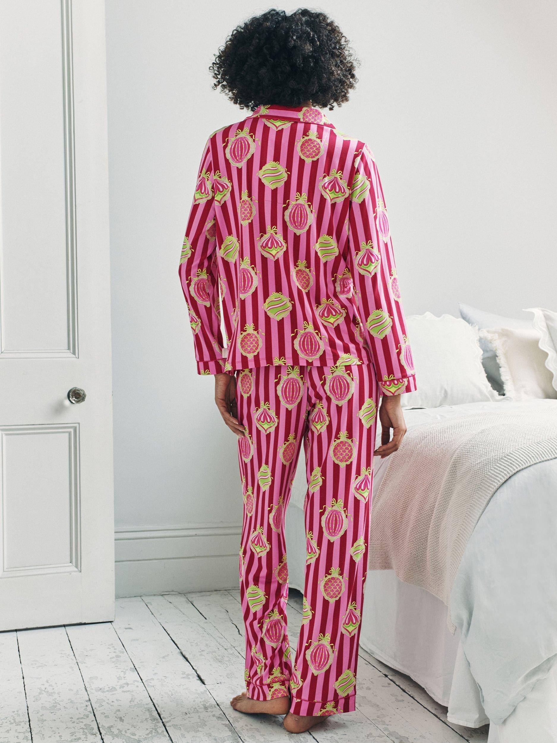 Product image 4 of 8, which shows Chelsea Peers Christmas Baubles Button Through Long Pyjama Set, Red, 10