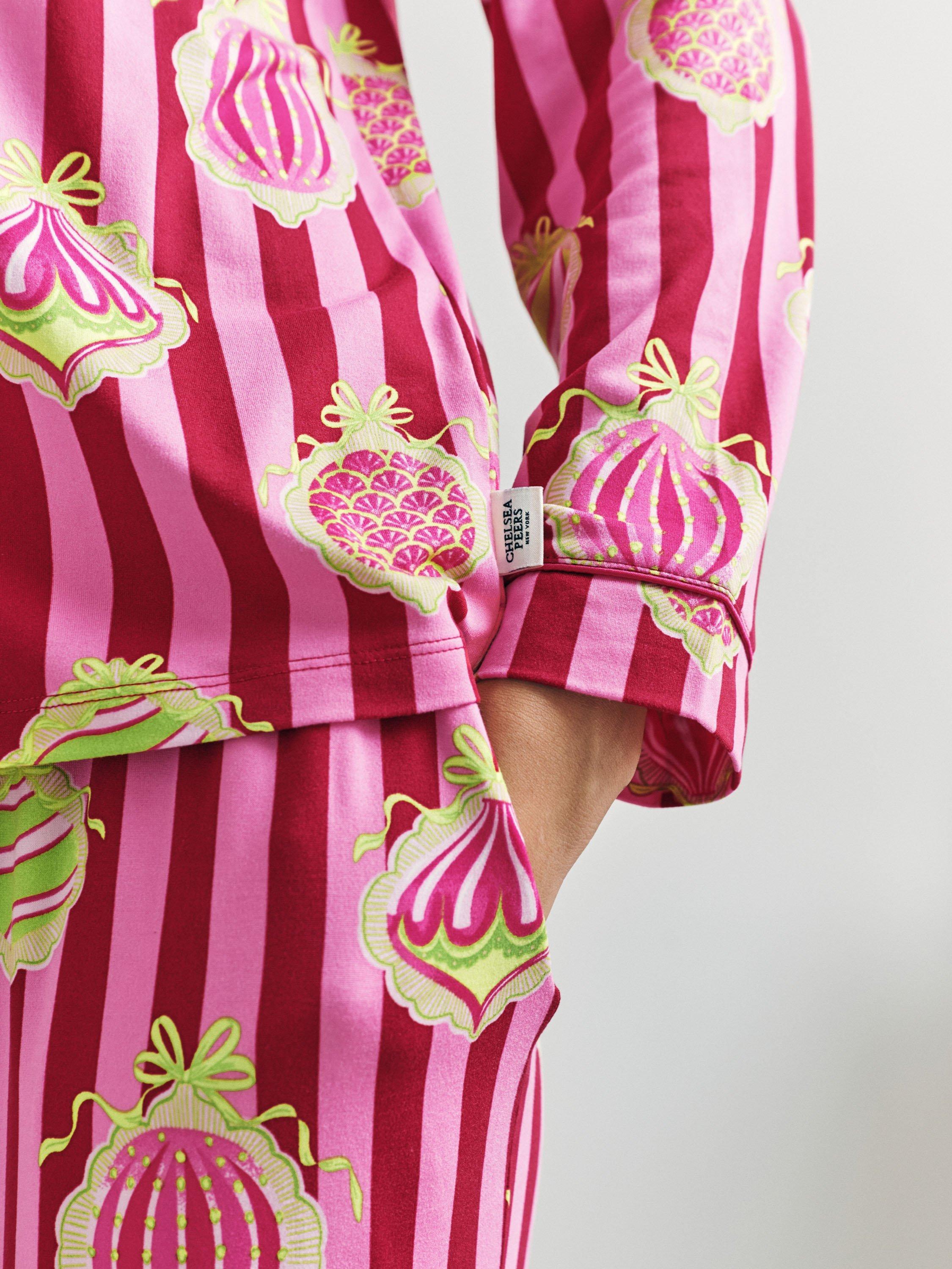 Product image 6 of 8, which shows Chelsea Peers Christmas Baubles Button Through Long Pyjama Set, Red, 10