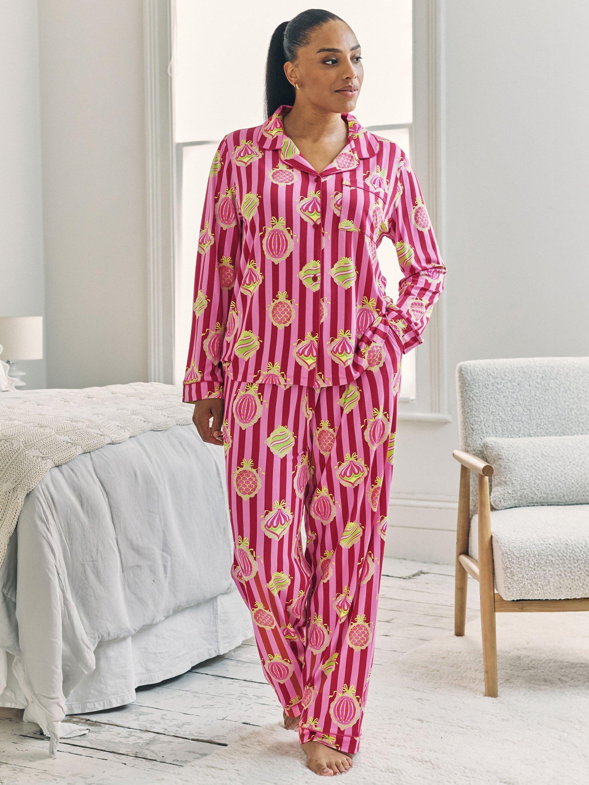 Product image 7 of 8, which shows Chelsea Peers Christmas Baubles Button Through Long Pyjama Set, Red, 10