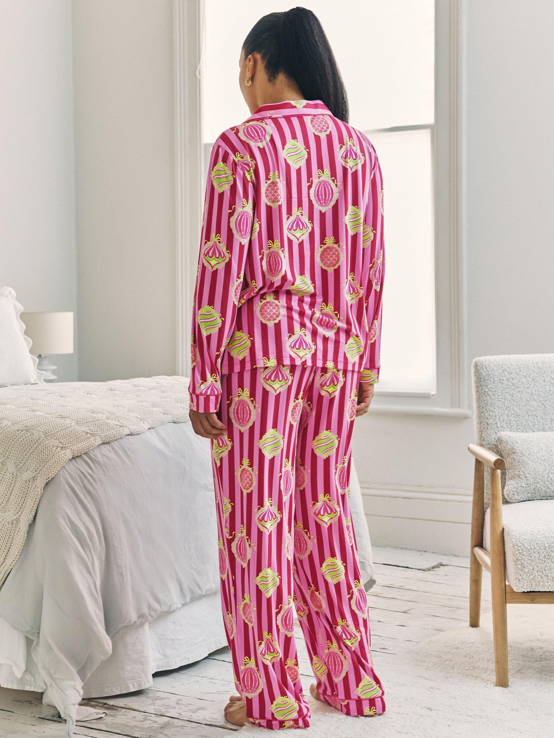 Product image 8 of 8, which shows Chelsea Peers Christmas Baubles Button Through Long Pyjama Set, Red, 10