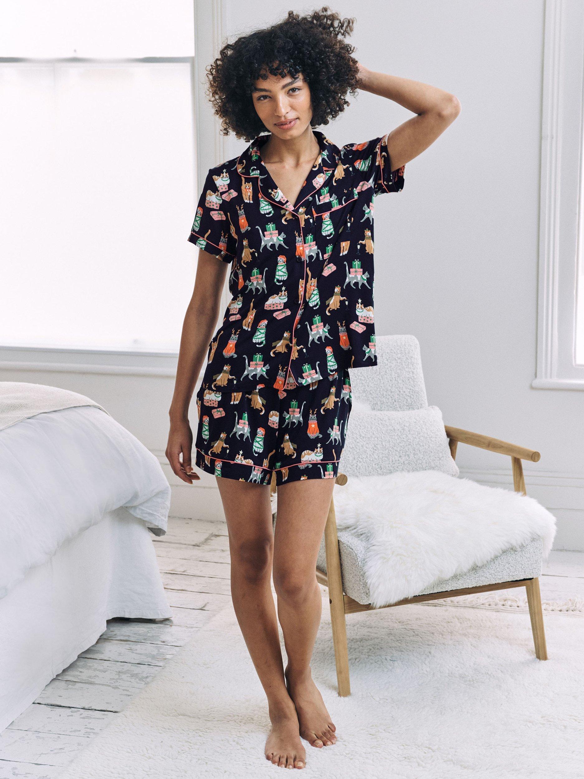 Product image 2 of 8, which shows Chelsea Peers Christmas Cats Button Through Short Pyjama Set, Navy, 10