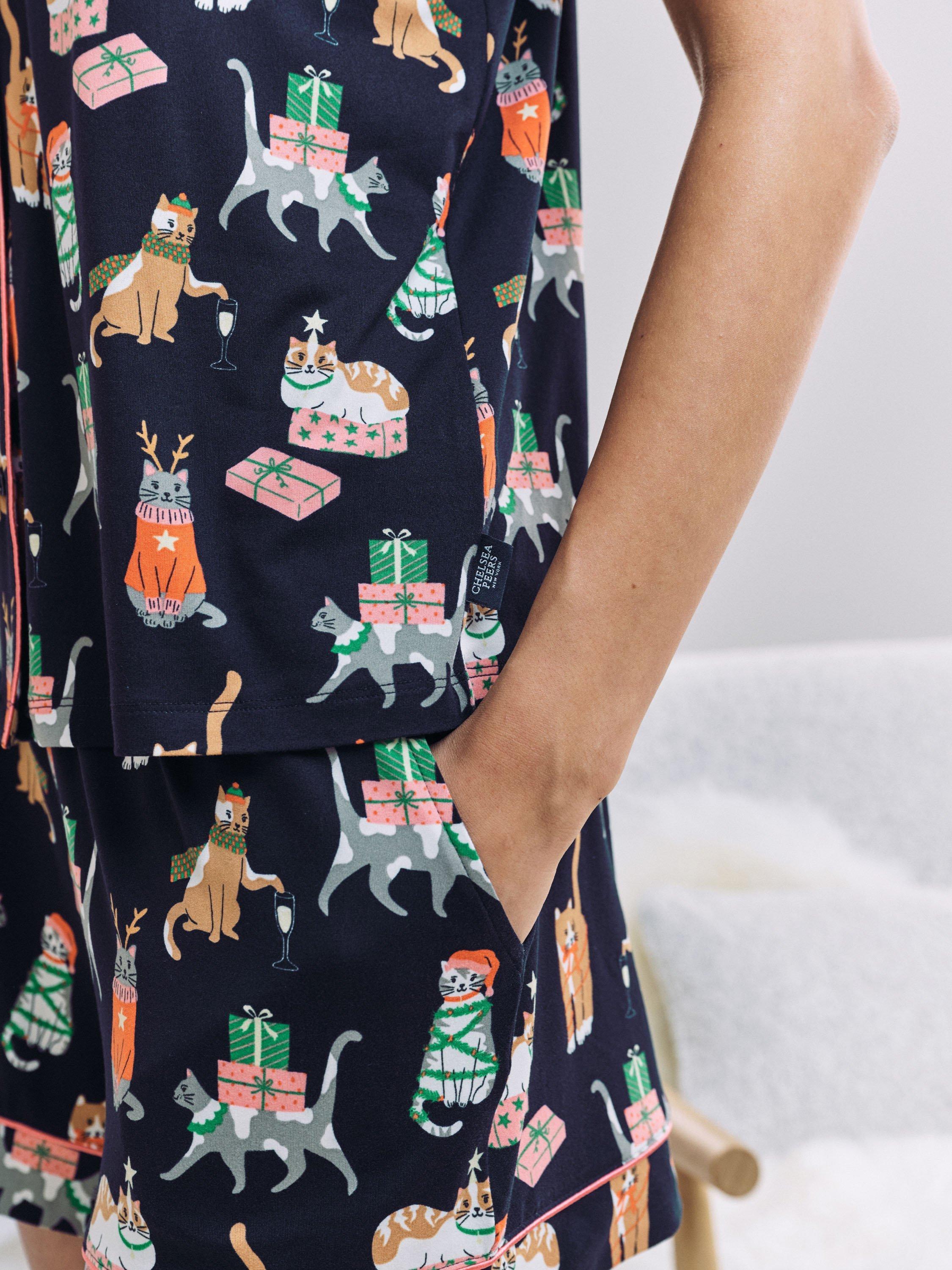 Product image 6 of 8, which shows Chelsea Peers Christmas Cats Button Through Short Pyjama Set, Navy, 10