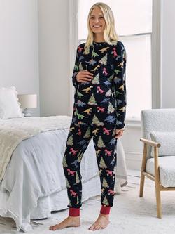 Chelsea Peers Christmas Dinosaurs Long Maternity Pyjama Set, Navy, Navy