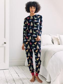 Chelsea Peers Christmas Dinosaur Long Pyjama Set, Navy, Navy