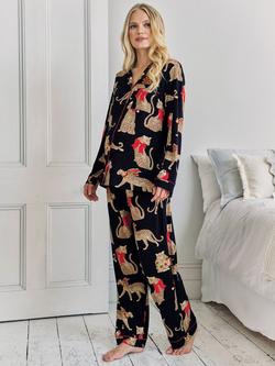 Chelsea Peers Christmas Leopard Long Maternity Pyjama Set, Navy, Navy