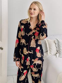 Chelsea Peers Christmas Leopard Long Maternity Pyjama Set, Navy - view 2, Navy