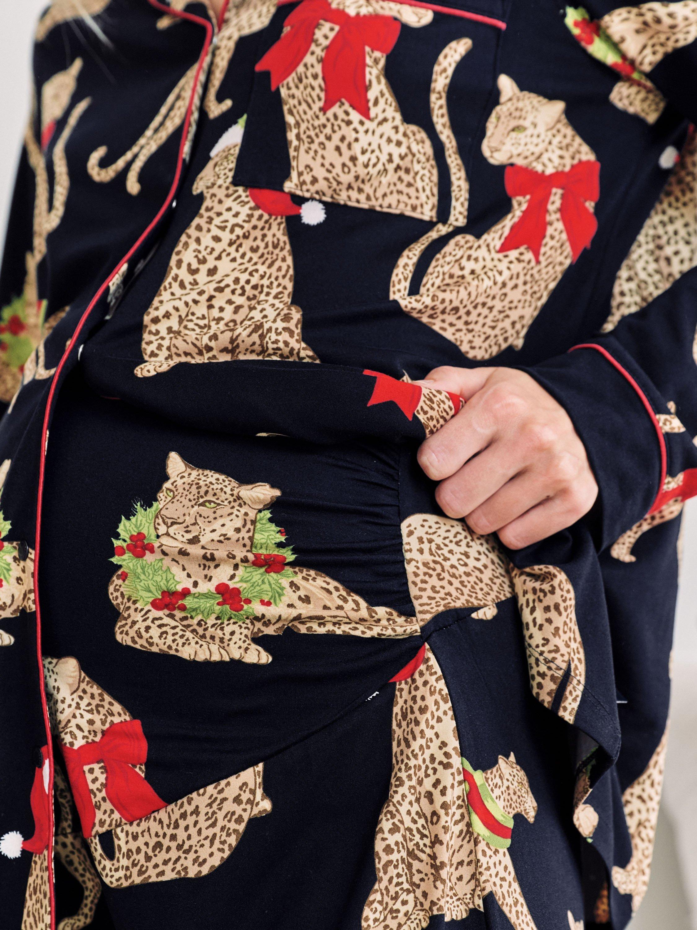 Product image 3 of 5, which shows Chelsea Peers Christmas Leopard Long Maternity Pyjama Set, Navy, 10