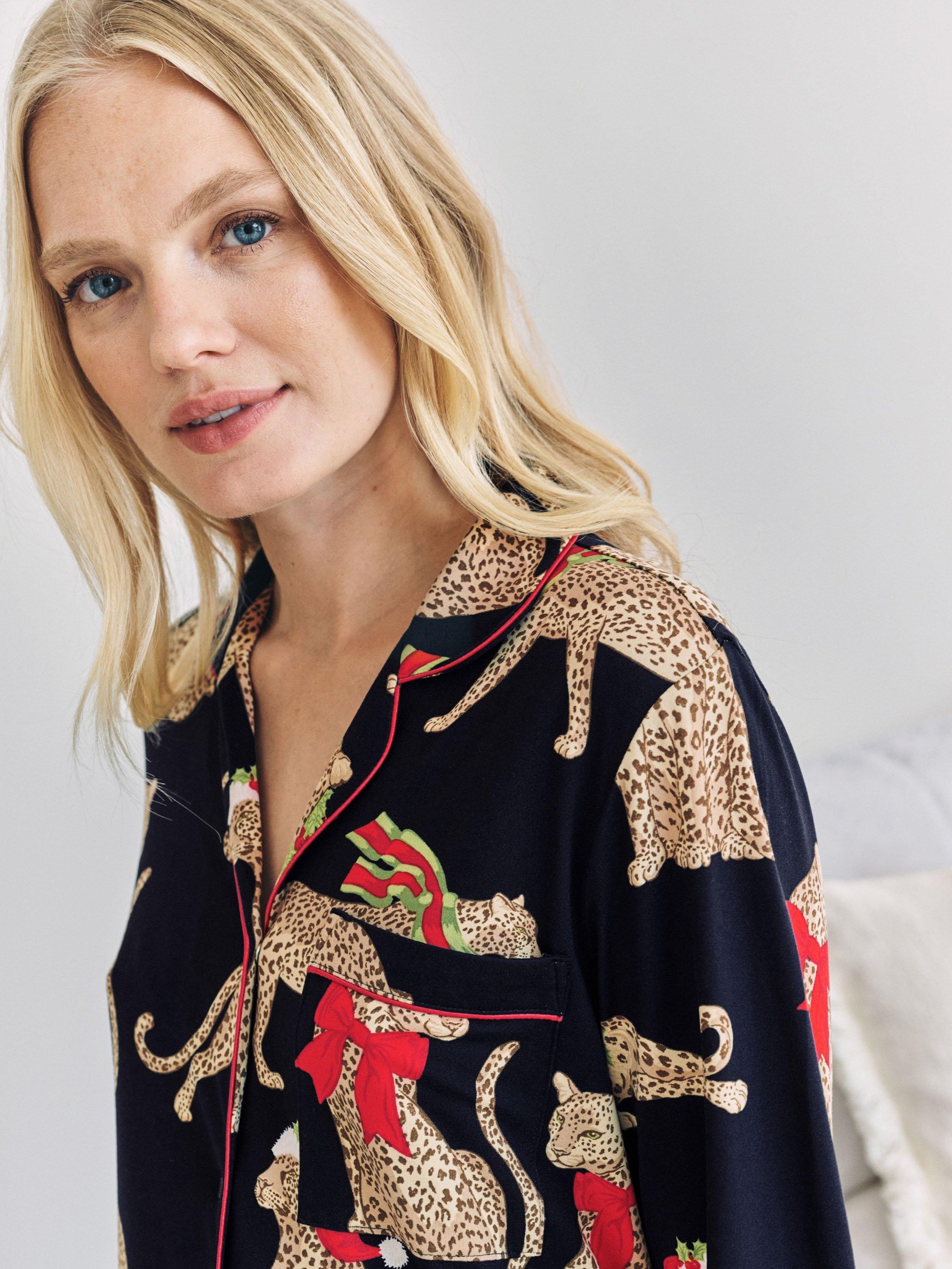 Product image 5 of 5, which shows Chelsea Peers Christmas Leopard Long Maternity Pyjama Set, Navy, 10