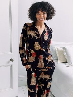 Chelsea Peers Christmas Leopards Button Through Long Pyjama Set, Navy - view 2, Navy