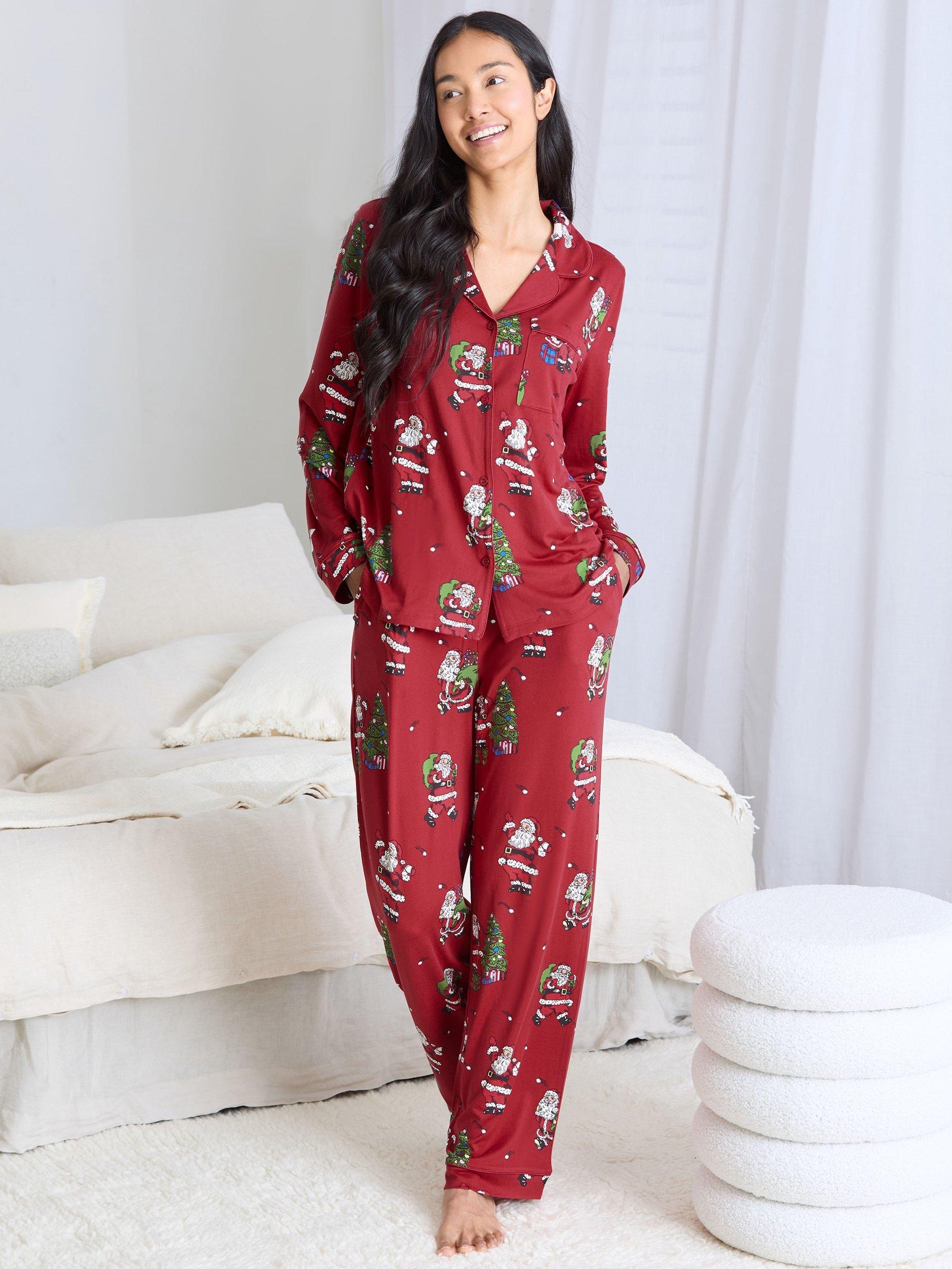 Product image 1 of 6, which shows Chelsea Peers Santa Snowballs Button Through Long Pyjama Set, Red, 18