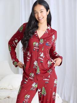 Chelsea Peers Santa Snowballs Button Through Long Pyjama Set, Red - view 2, Red