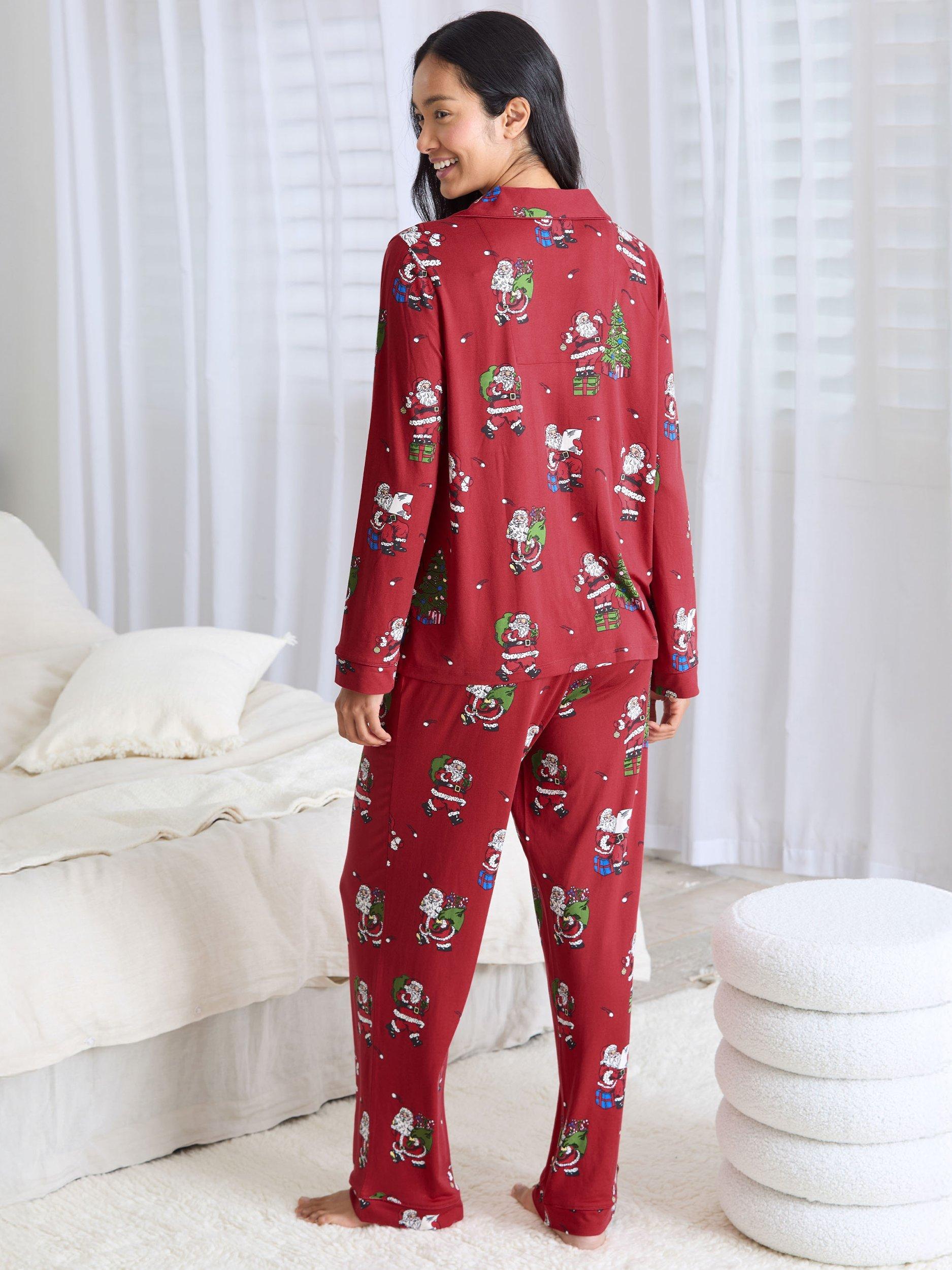 Product image 3 of 6, which shows Chelsea Peers Santa Snowballs Button Through Long Pyjama Set, Red, 18