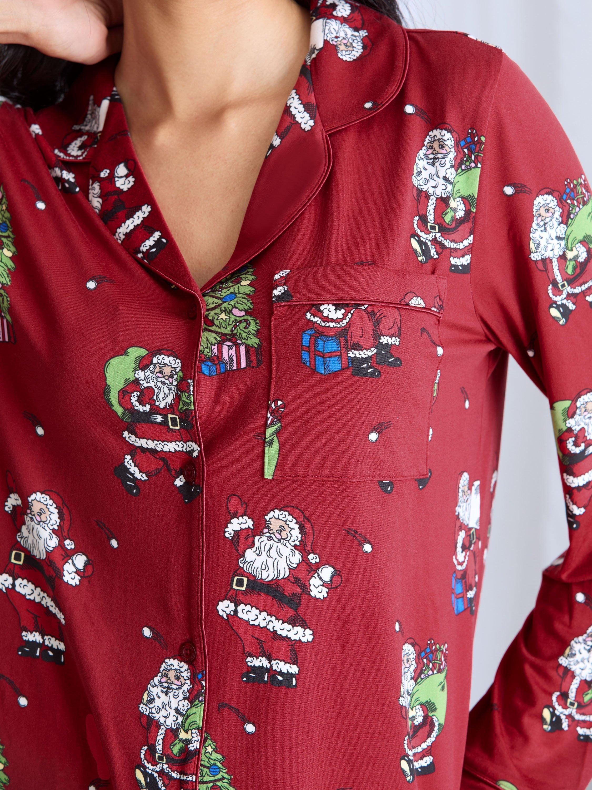 Product image 4 of 6, which shows Chelsea Peers Santa Snowballs Button Through Long Pyjama Set, Red, 18