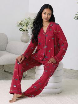 Chelsea Peers Christmas Tree Cars Button Through Long Pyjama Set containing TENCEL™ Modal, Red - view 2, Red