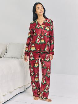 Chelsea Peers Christmas Tree Stripe Button Through Long Pyjama Set, Red, Red