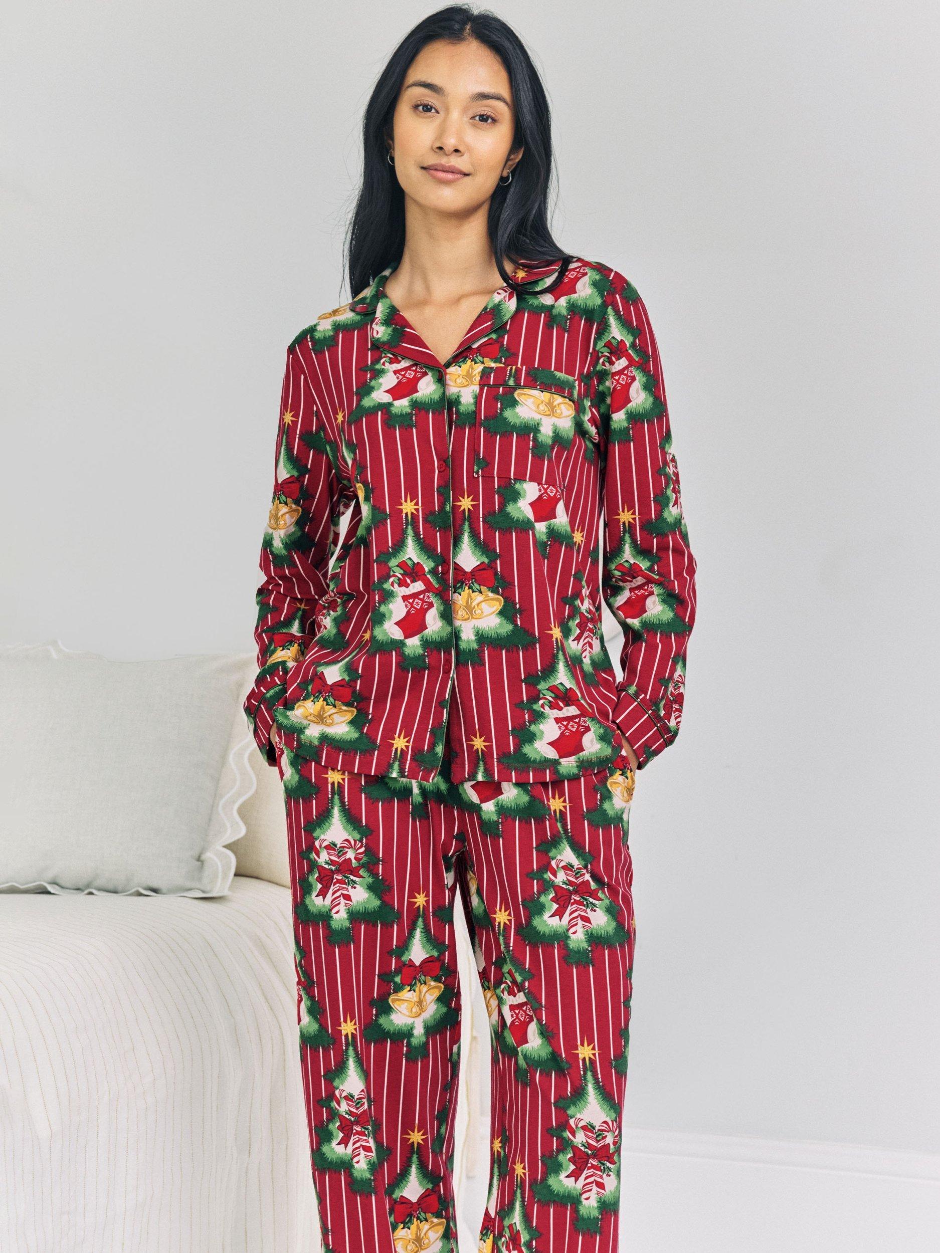 Product image 2 of 7, which shows Chelsea Peers Christmas Tree Stripe Button Through Long Pyjama Set, Red, 10