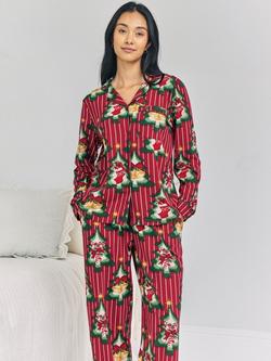 Chelsea Peers Christmas Tree Stripe Button Through Long Pyjama Set, Red - view 2, Red