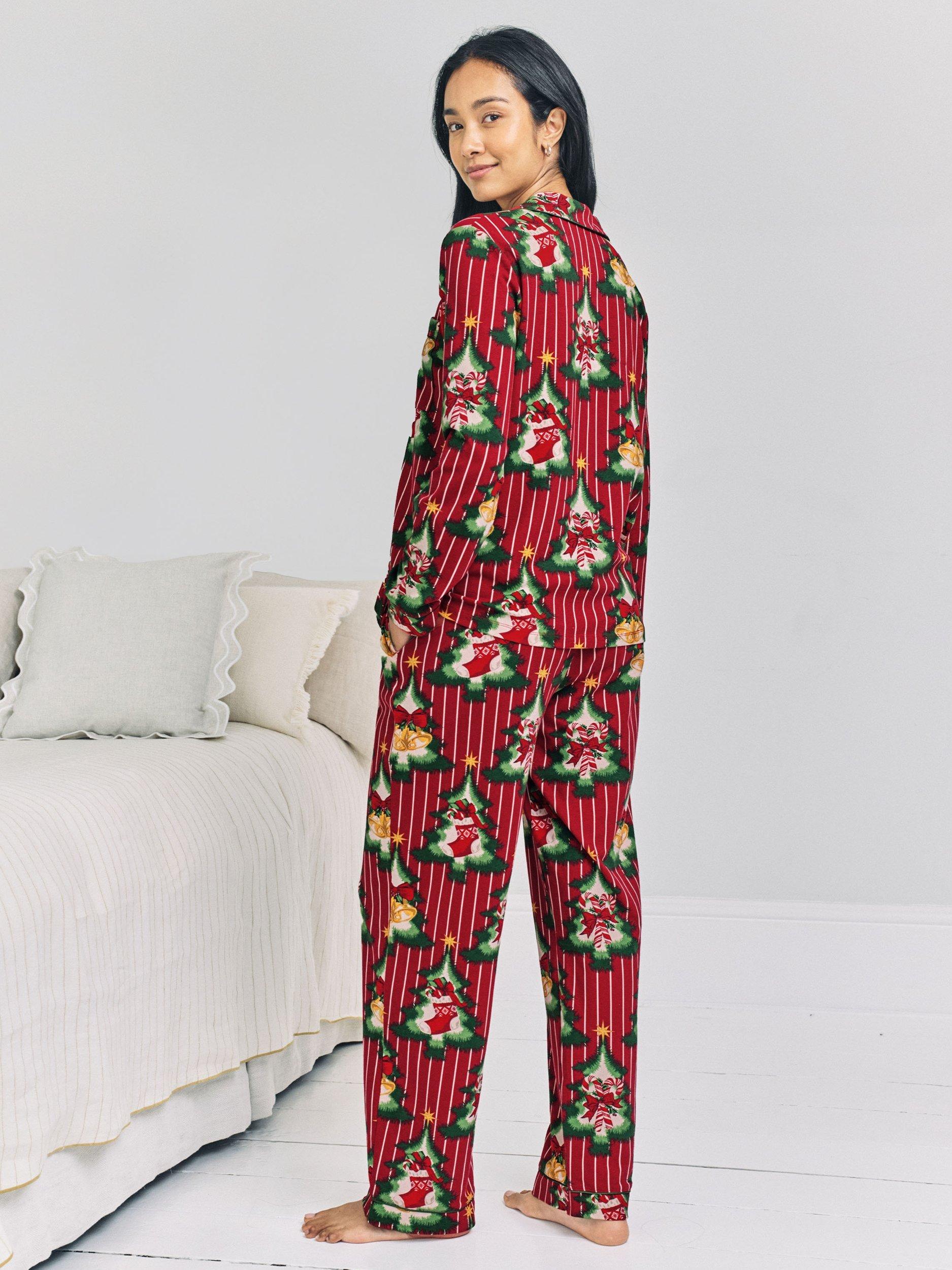 Product image 3 of 7, which shows Chelsea Peers Christmas Tree Stripe Button Through Long Pyjama Set, Red, 10