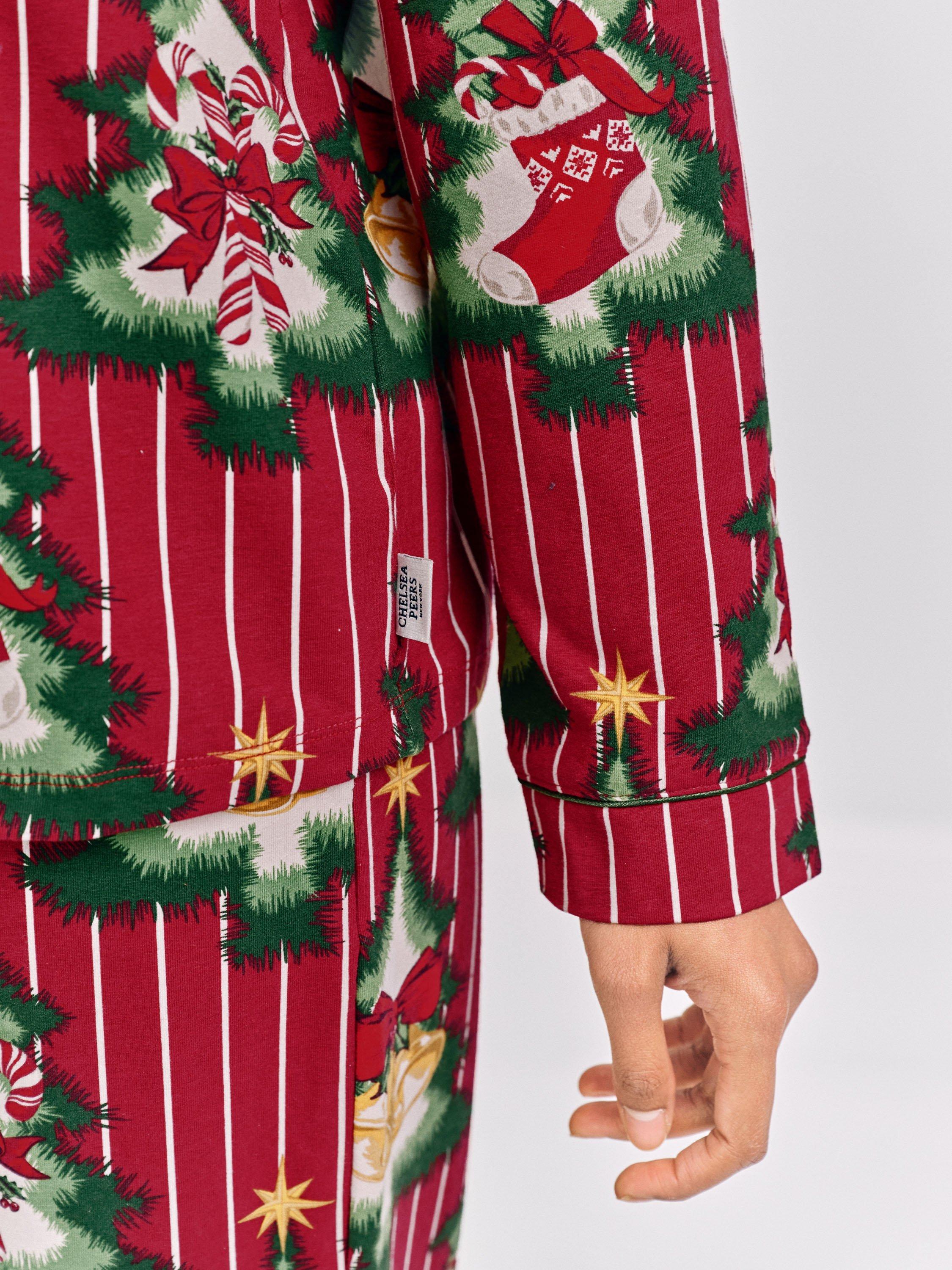 Product image 5 of 7, which shows Chelsea Peers Christmas Tree Stripe Button Through Long Pyjama Set, Red, 10