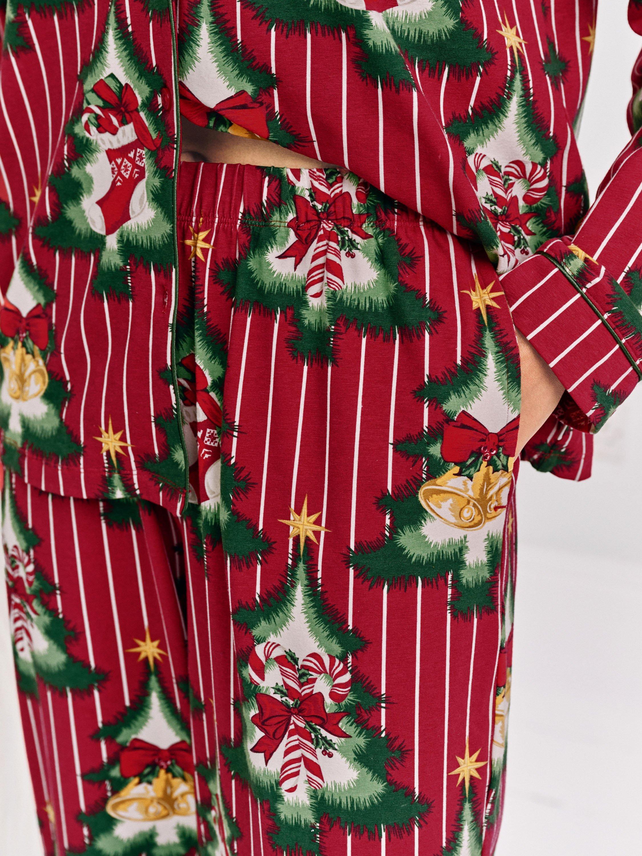 Product image 6 of 7, which shows Chelsea Peers Christmas Tree Stripe Button Through Long Pyjama Set, Red, 10