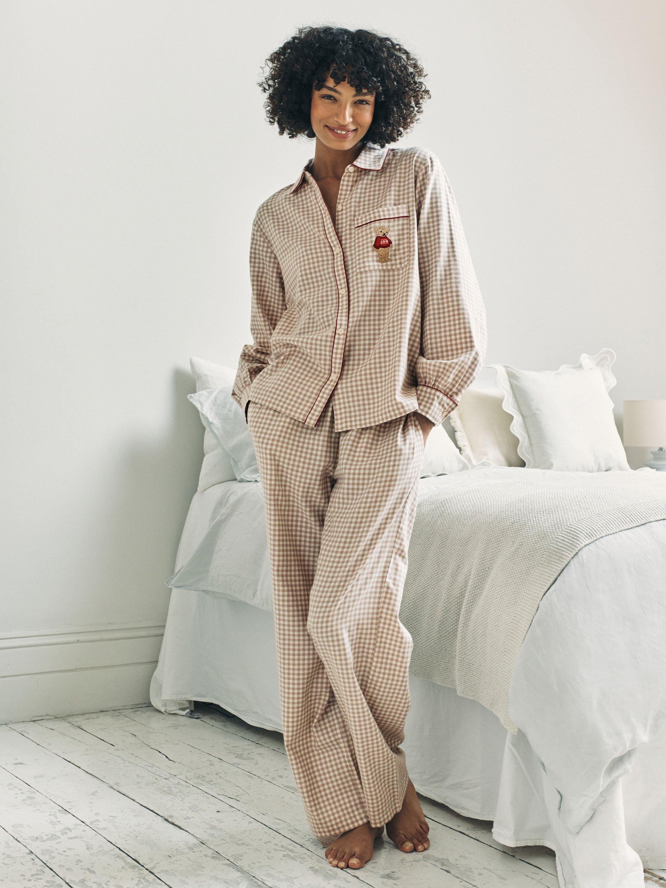 Product image 1 of 7, which shows Chelsea Peers Gingham Cockapoo Button Through Long Pyjama Set, Beige, 10