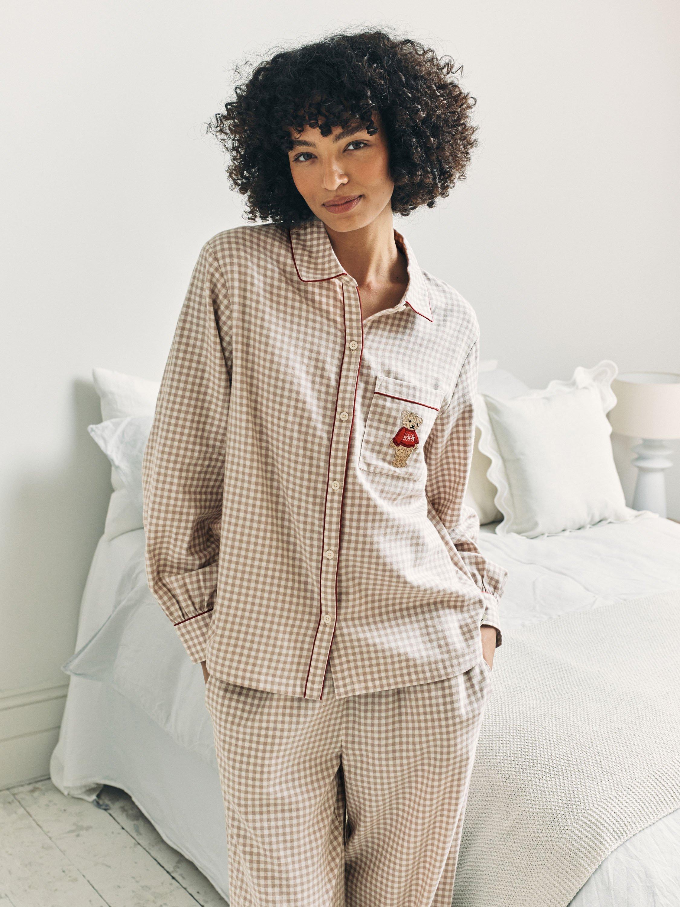 Product image 2 of 7, which shows Chelsea Peers Gingham Cockapoo Button Through Long Pyjama Set, Beige, 10